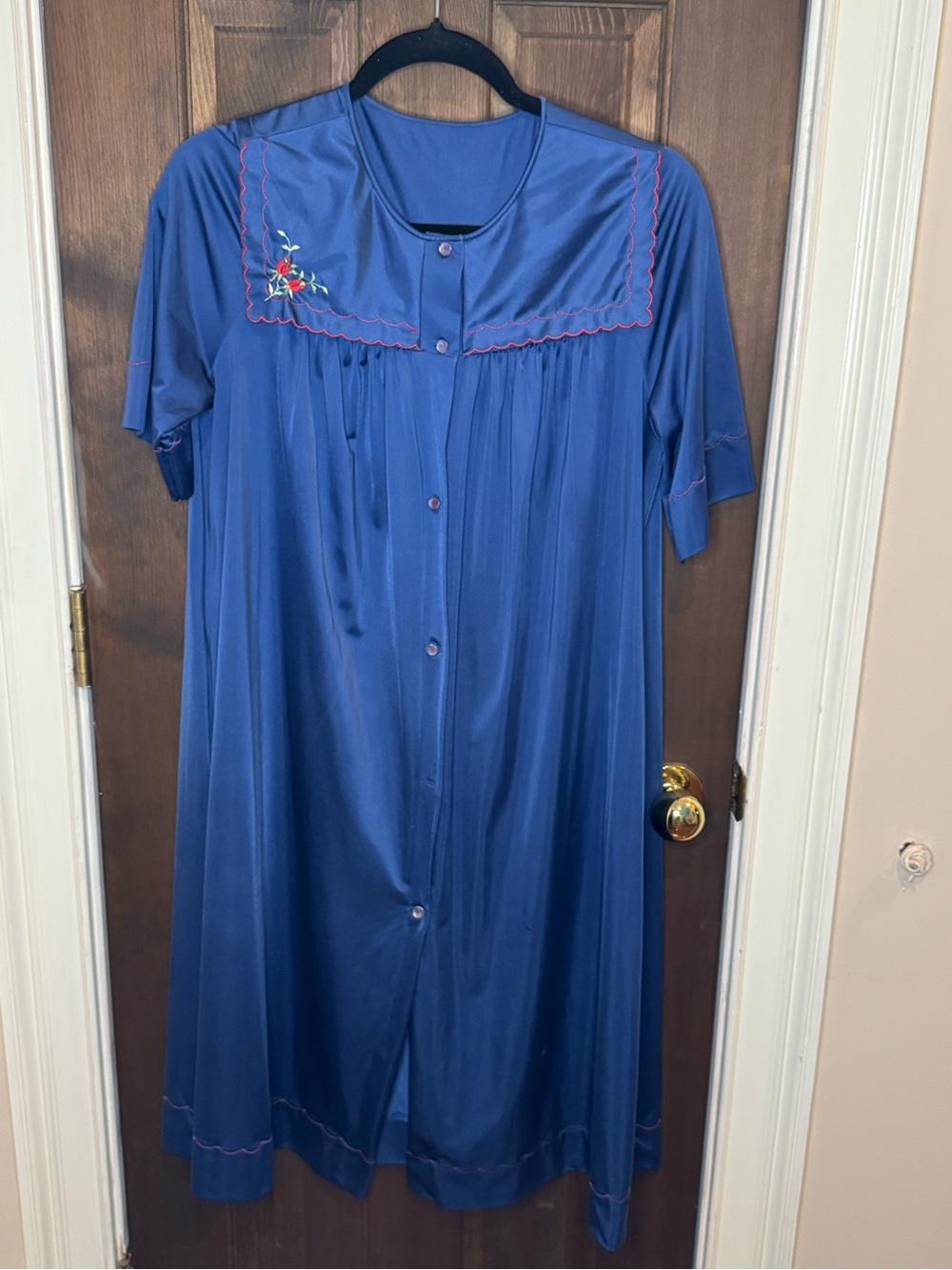 Vintage Shadowline Blue Nylon Button Front Duster Robe Housecoat Embroidered